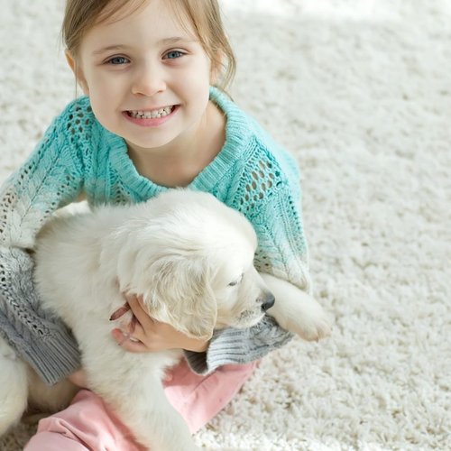 girl staying with her puppy on the white carpet floor from BOOTH FLOORING INC in Tolland, CT